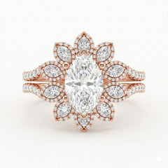 Rose Gold Marquise Floral Diamond Halo Engagement Ring With Split Pave Shank