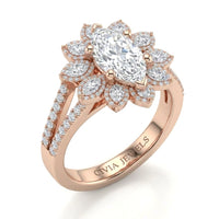 Rose Gold Marquise Floral Diamond Halo Engagement Ring With Split Pave Shank