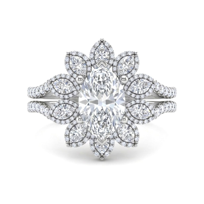 Silver Marquise Floral Diamond Halo Engagement Ring With Split Pave Shank