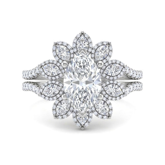 Silver Marquise Floral Diamond Halo Engagement Ring With Split Pave Shank