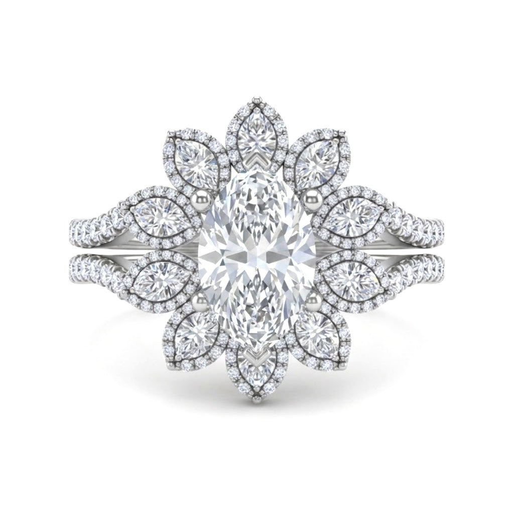 White Gold Marquise Floral Diamond Halo Engagement Ring With Split Pave Shank