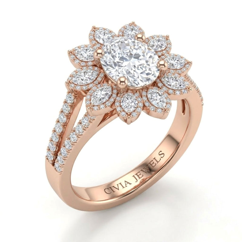 Rose Gold Oval Floral Diamond Halo Engagement Ring With Split Pave Shank