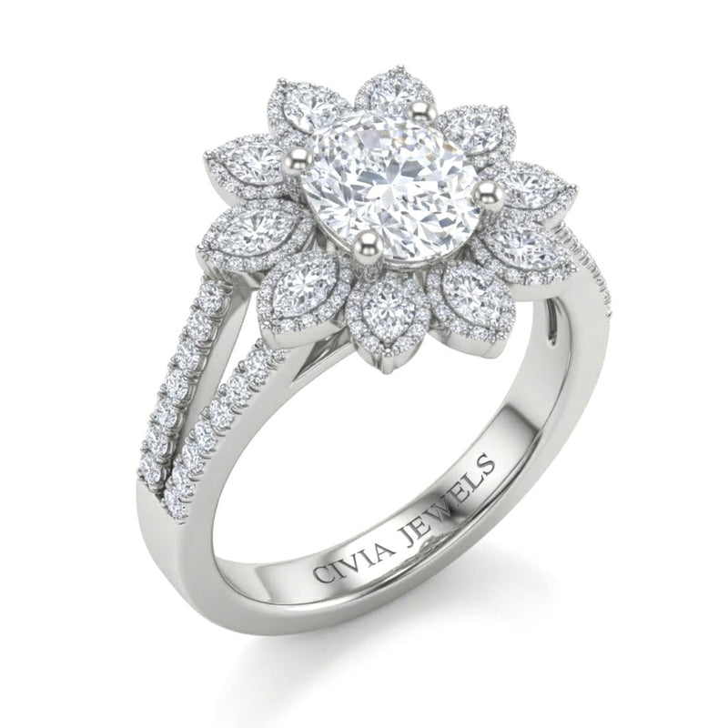 Silver Oval Floral Diamond Halo Engagement Ring With Split Pave Shank