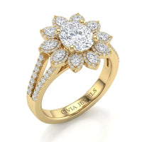 Yellow Gold Oval Floral Diamond Halo Engagement Ring With Split Pave Shank