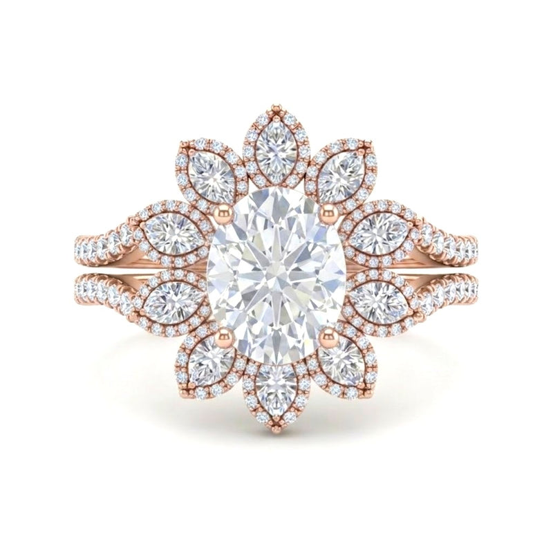 Rose Gold Oval Floral Diamond Halo Engagement Ring With Split Pave Shank