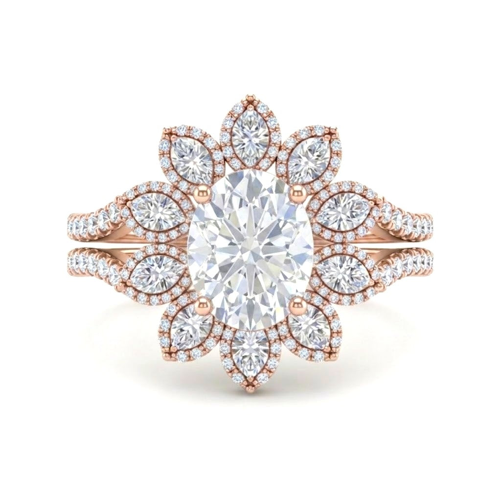 Rose Gold Oval Floral Diamond Halo Engagement Ring With Split Pave Shank