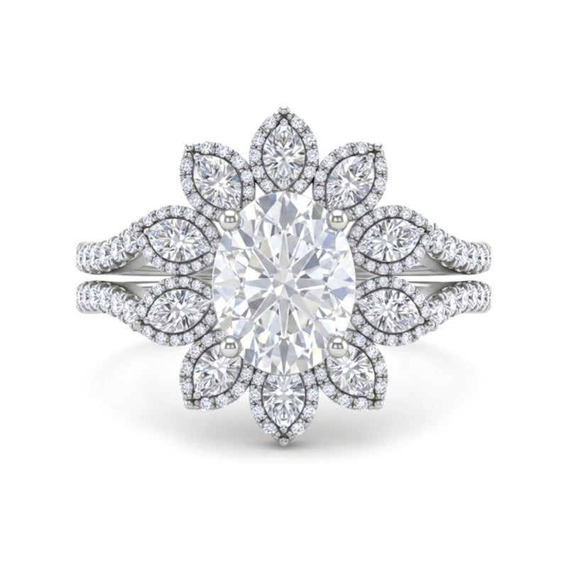 Silver Oval Floral Diamond Halo Engagement Ring With Split Pave Shank