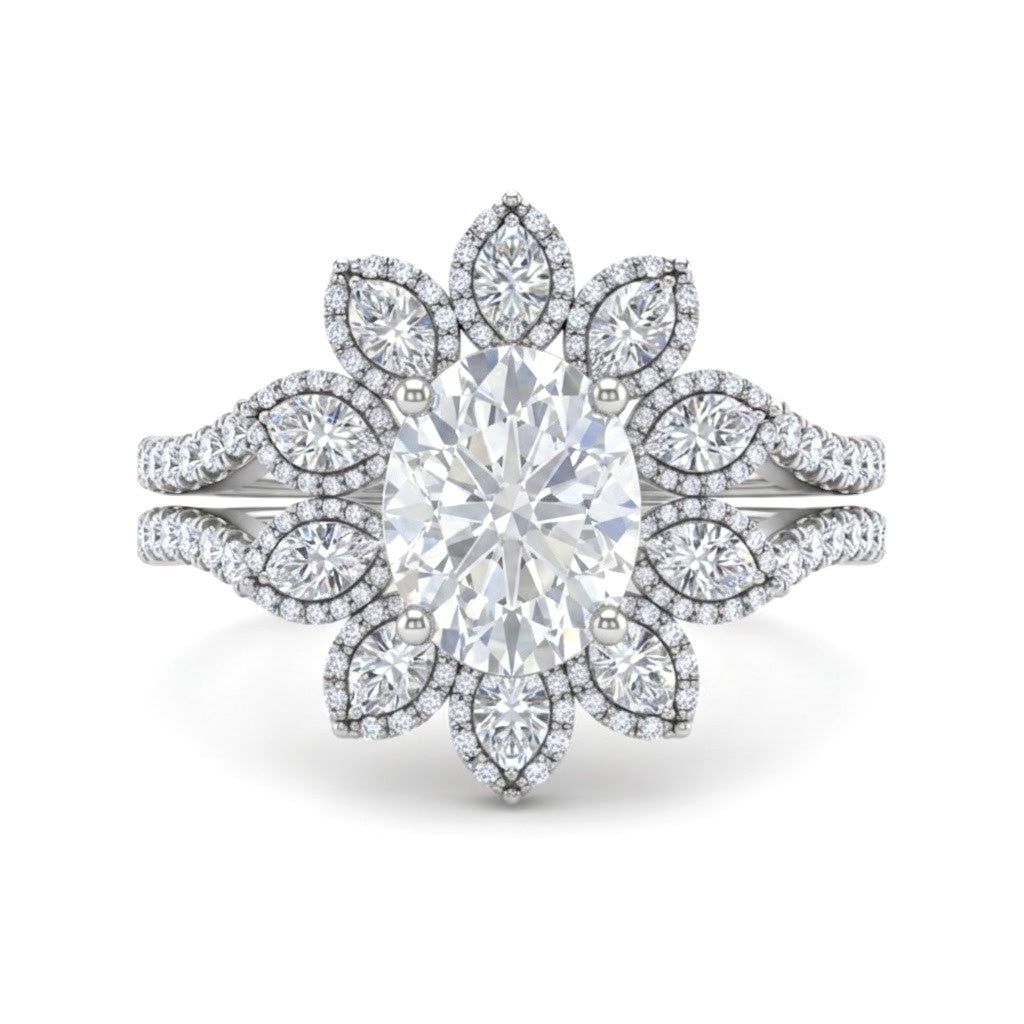 Silver Oval Floral Diamond Halo Engagement Ring With Split Pave Shank