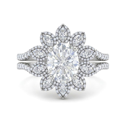 Silver Oval Floral Diamond Halo Engagement Ring With Split Pave Shank