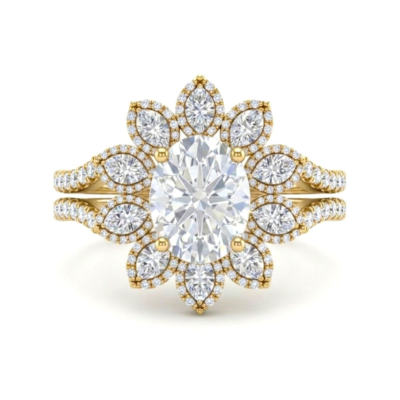 Yellow Gold Oval Floral Diamond Halo Engagement Ring With Split Pave Shank
