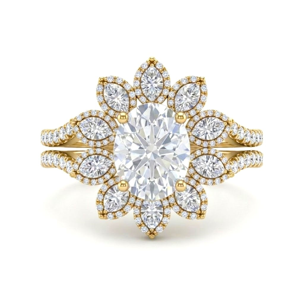 Yellow Gold Oval Floral Diamond Halo Engagement Ring With Split Pave Shank