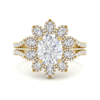 Yellow Gold Oval Floral Diamond Halo Engagement Ring With Split Pave Shank