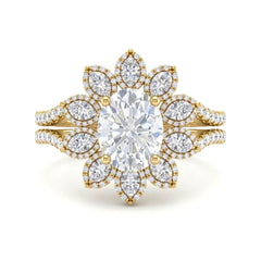 Yellow Gold Oval Floral Diamond Halo Engagement Ring With Split Pave Shank