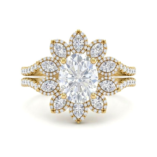 Yellow Gold Oval Floral Diamond Halo Engagement Ring With Split Pave Shank