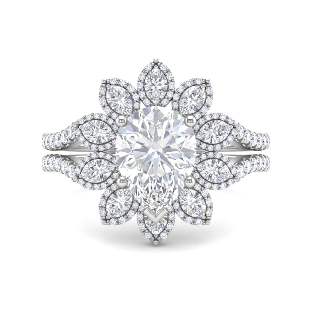 White Gold Pear Floral Diamond Halo Engagement Ring With Split Pave Shank