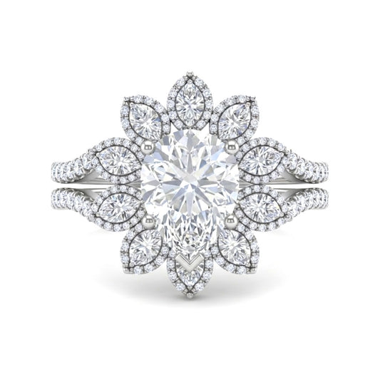 Silver Pear Floral Diamond Halo Engagement Ring With Split Pave Shank