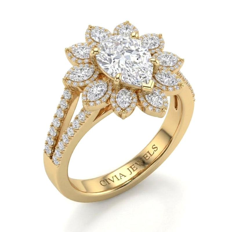 Yellow Gold Pear Floral Diamond Halo Engagement Ring With Split Pave Shank