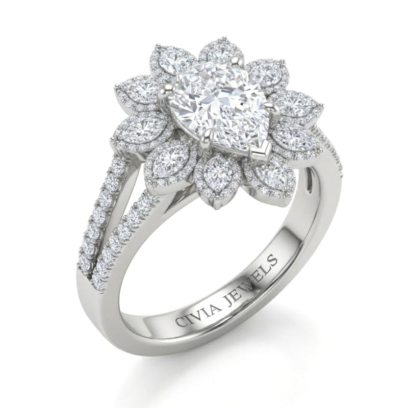 White Gold Pear Floral Diamond Halo Engagement Ring With Split Pave Shank