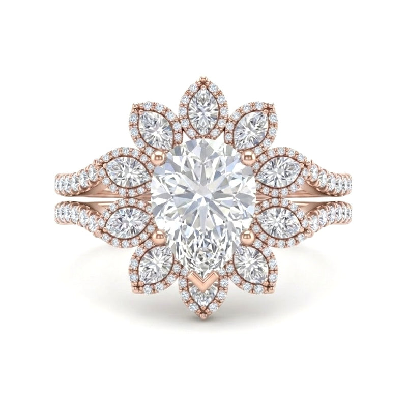 Rose Gold Pear Floral Diamond Halo Engagement Ring With Split Pave Shank