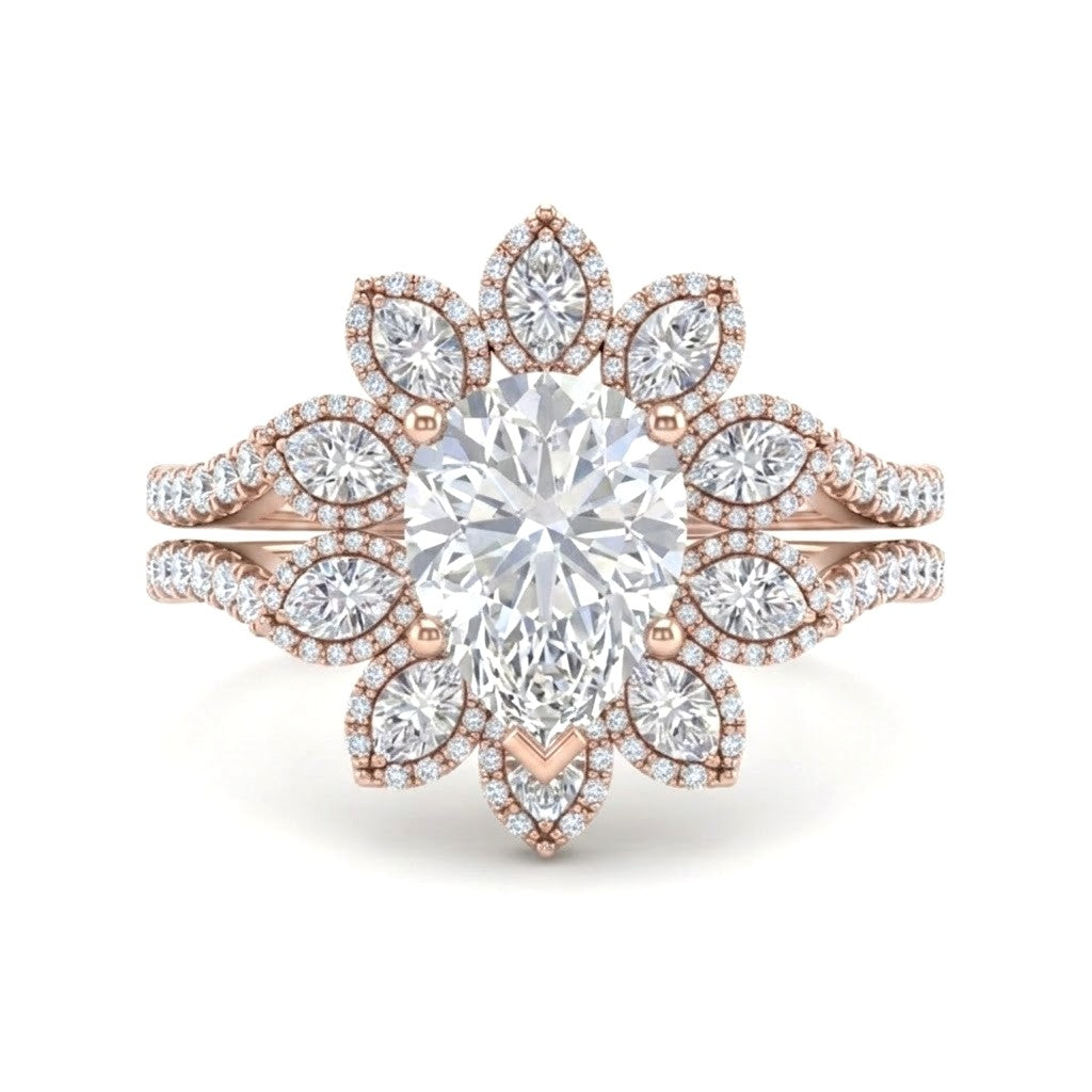 Rose Gold Pear Floral Diamond Halo Engagement Ring With Split Pave Shank