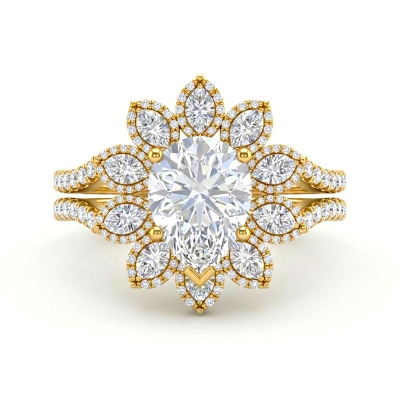 Yellow Gold Pear Floral Diamond Halo Engagement Ring With Split Pave Shank