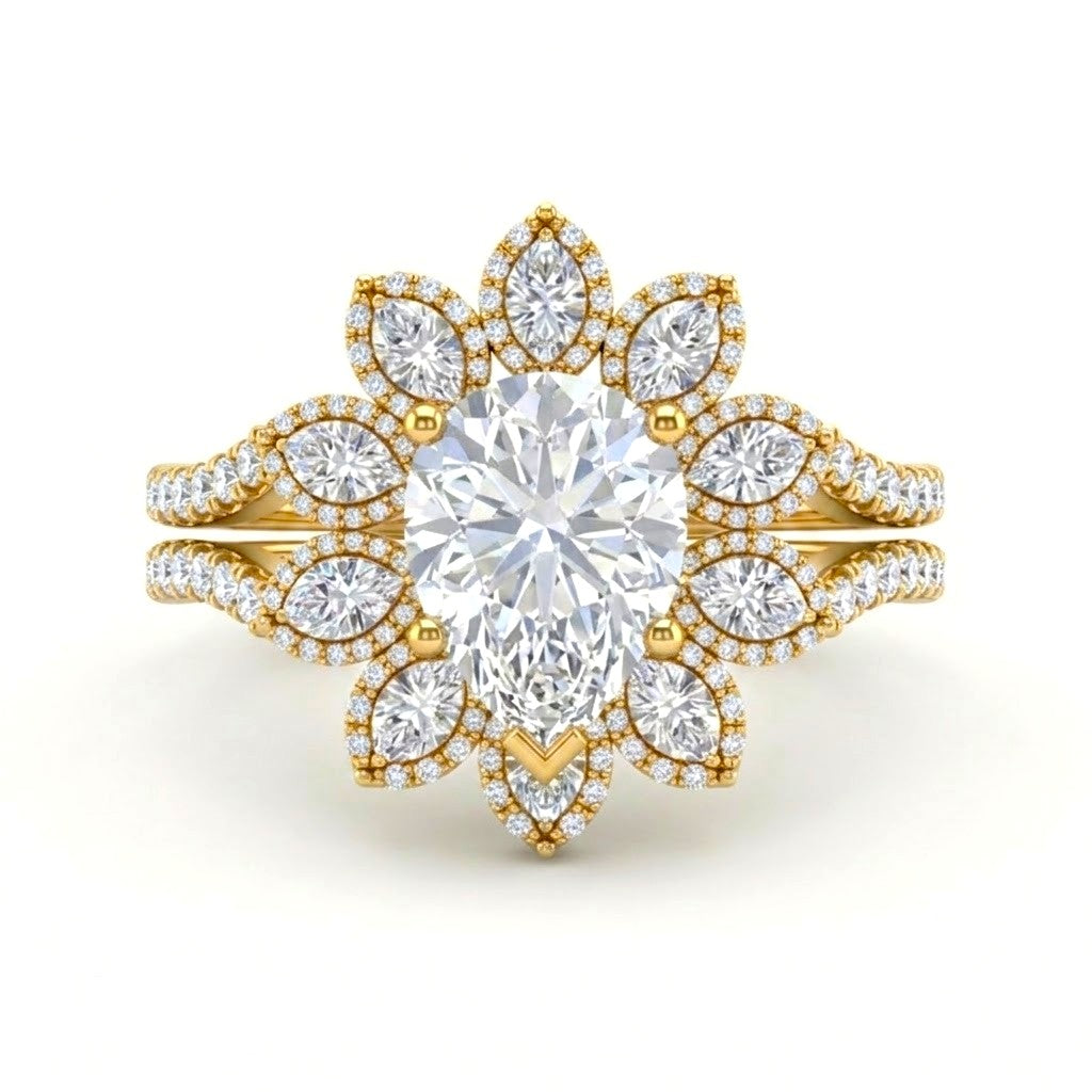 Yellow Gold Pear Floral Diamond Halo Engagement Ring With Split Pave Shank
