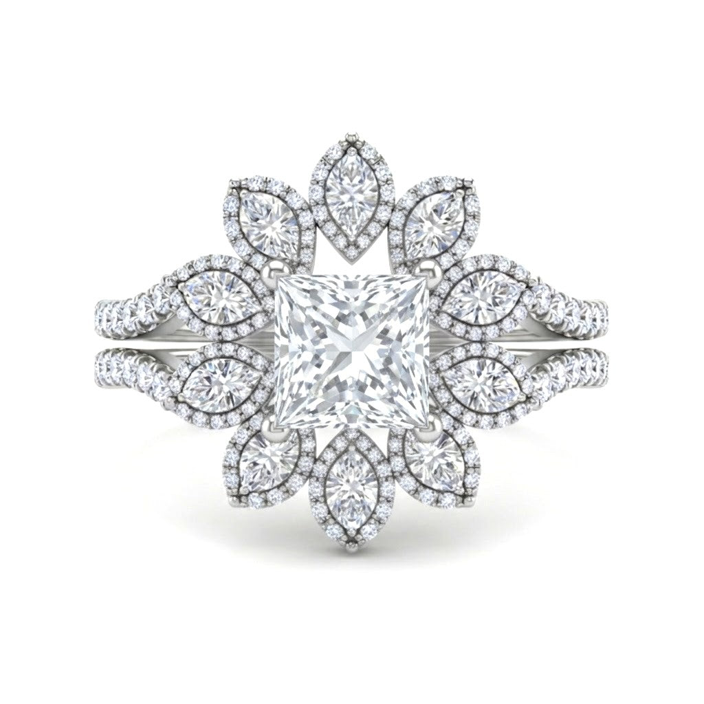 White Gold Princess Floral Diamond Halo Engagement Ring With Split Pave Shank