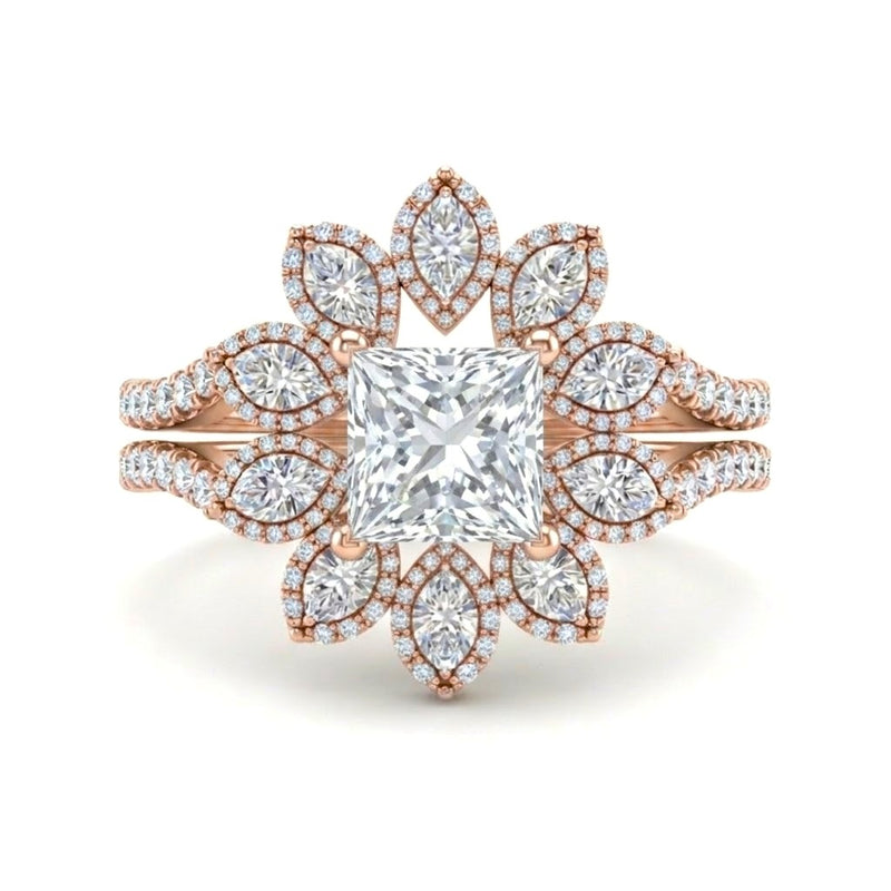 Rose Gold Princess Floral Diamond Halo Engagement Ring With Split Pave Shank