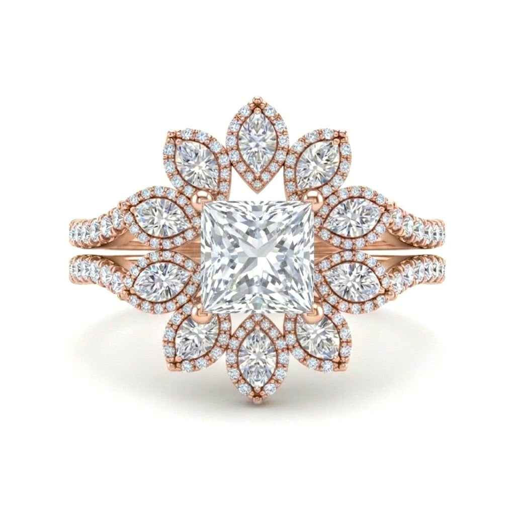 Rose Gold Princess Floral Diamond Halo Engagement Ring With Split Pave Shank