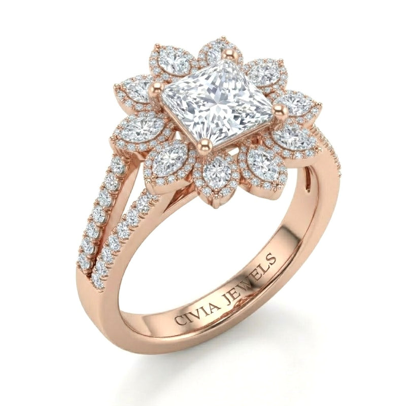 Rose Gold Princess Floral Diamond Halo Engagement Ring With Split Pave Shank