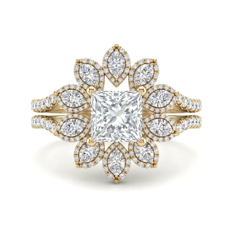 Yellow Gold Princess Floral Diamond Halo Engagement Ring With Split Pave Shank