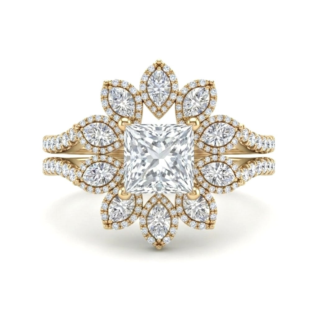 Yellow Gold Princess Floral Diamond Halo Engagement Ring With Split Pave Shank