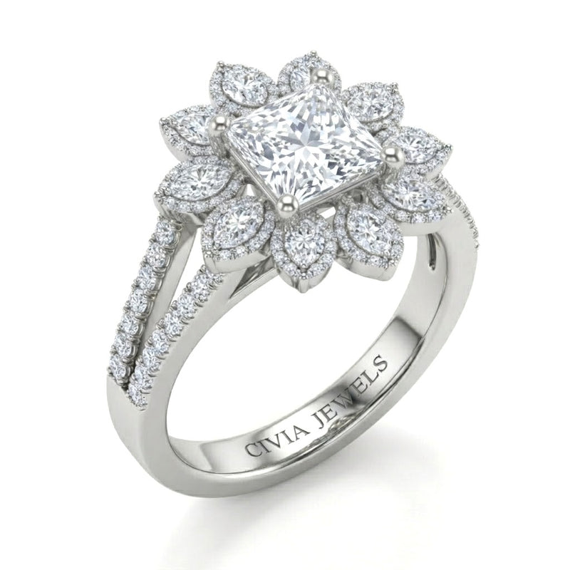 Silver Princess Floral Diamond Halo Engagement Ring With Split Pave Shank