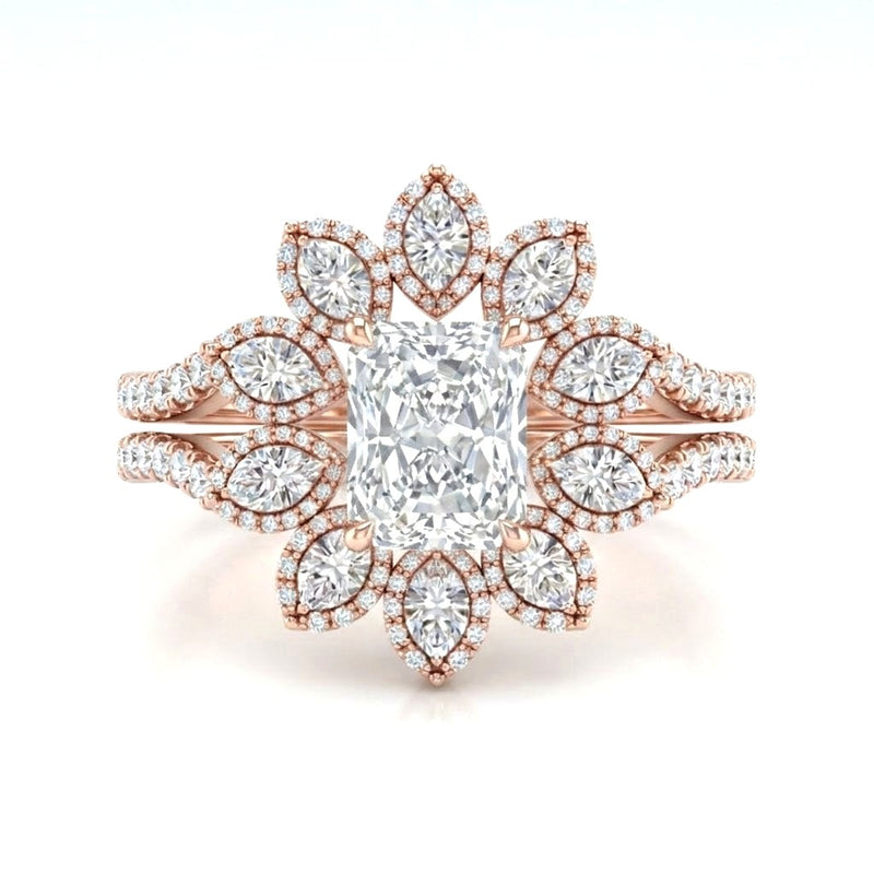 Rose Gold Radiant Floral Diamond Halo Engagement Ring With Split Pave Shank
