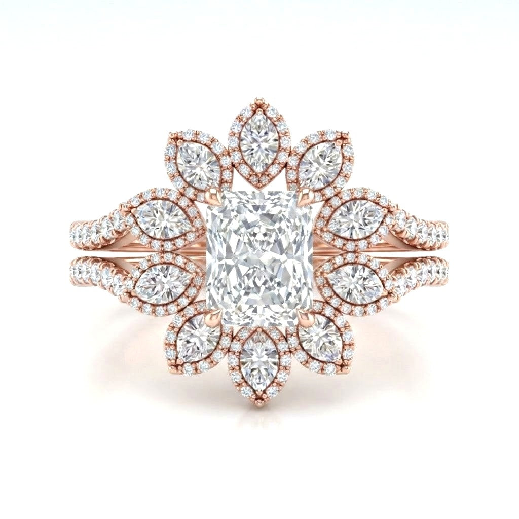 Rose Gold Radiant Floral Diamond Halo Engagement Ring With Split Pave Shank