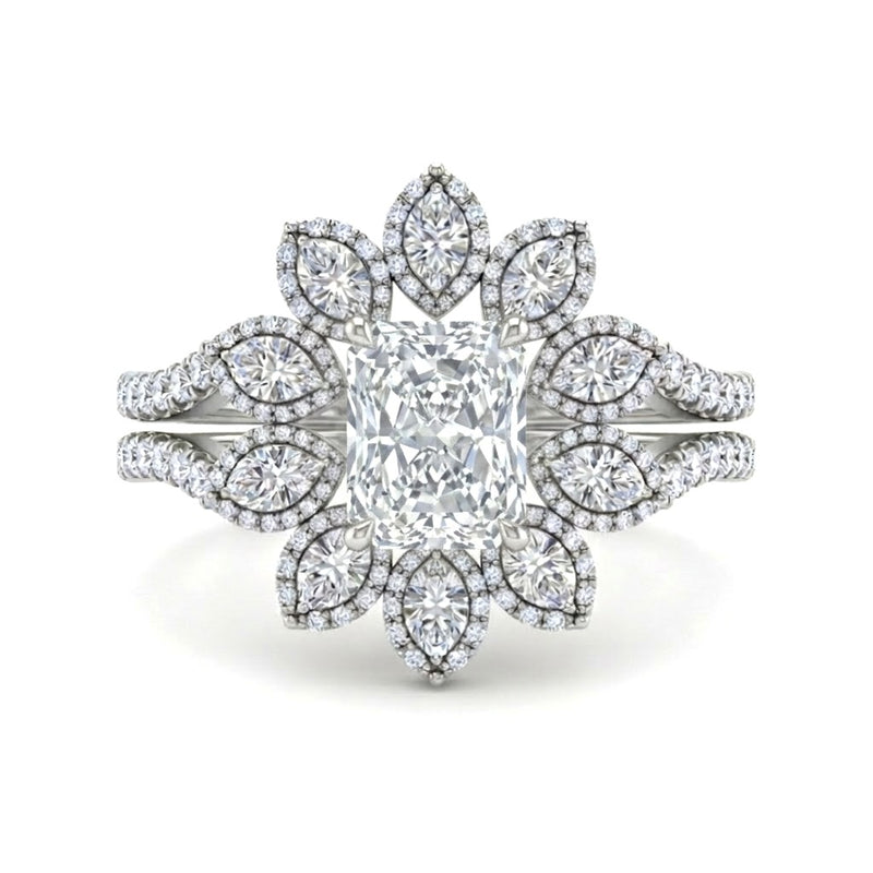 Silver Radiant Floral Diamond Halo Engagement Ring With Split Pave Shank