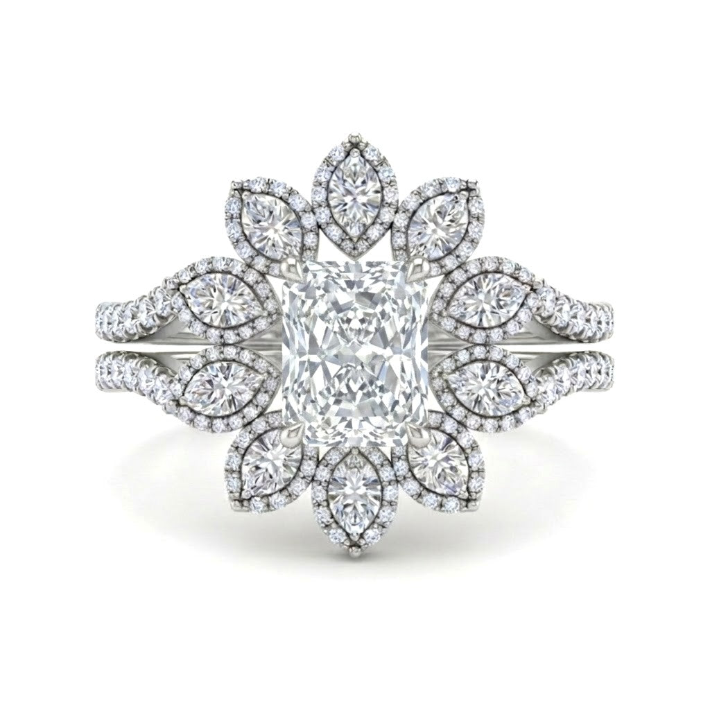 Silver Radiant Floral Diamond Halo Engagement Ring With Split Pave Shank
