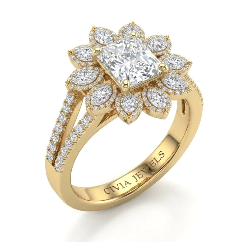 Yellow Gold Radiant Floral Diamond Halo Engagement Ring With Split Pave Shank