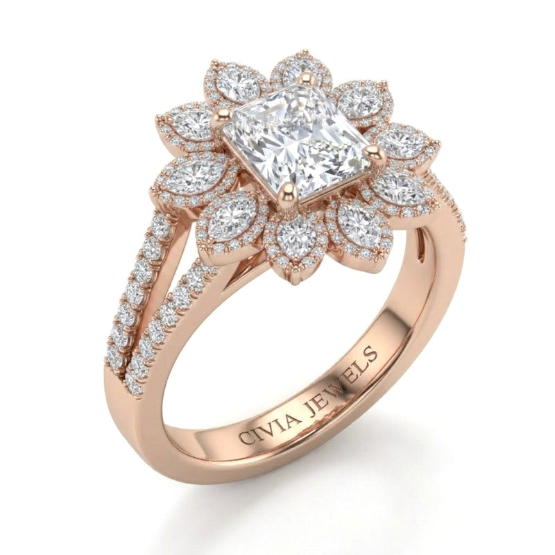 Rose Gold Radiant Floral Diamond Halo Engagement Ring With Split Pave Shank