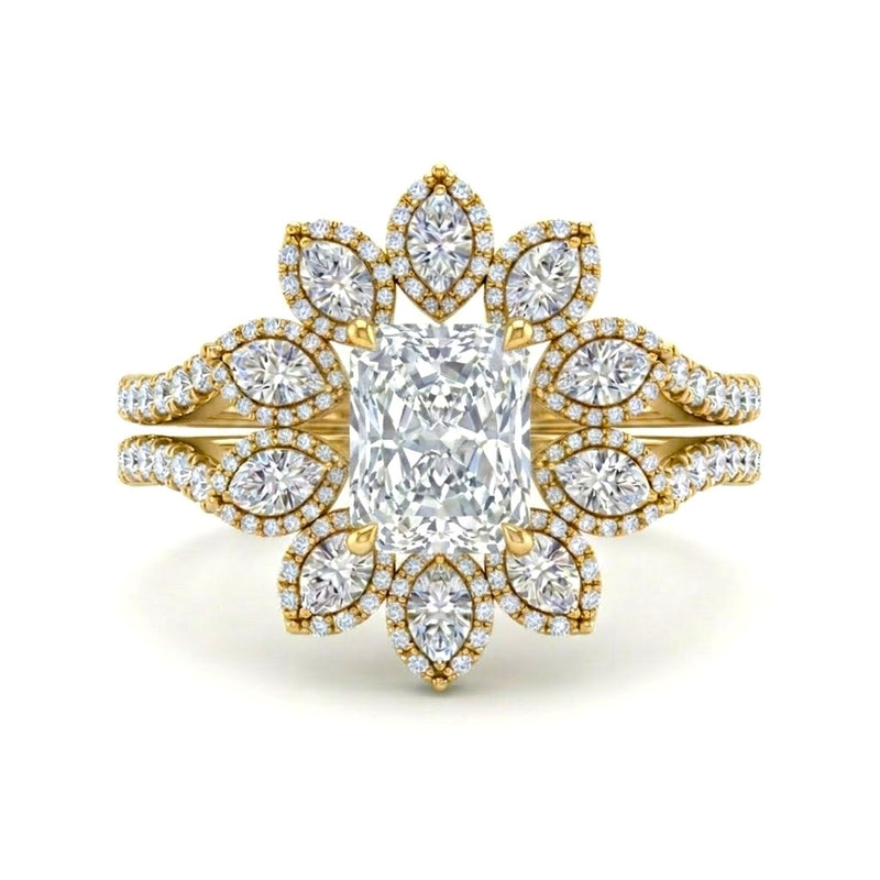 Yellow Gold Radiant Floral Diamond Halo Engagement Ring With Split Pave Shank