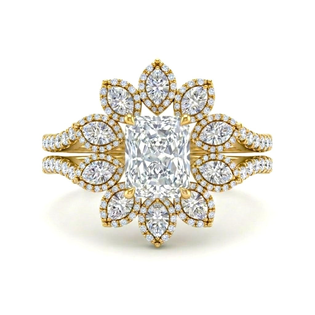 Yellow Gold Radiant Floral Diamond Halo Engagement Ring With Split Pave Shank