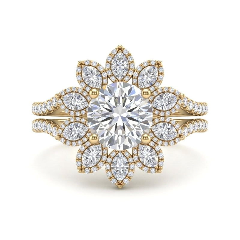 Yellow Gold Round Floral Diamond Halo Engagement Ring With Split Pave Shank