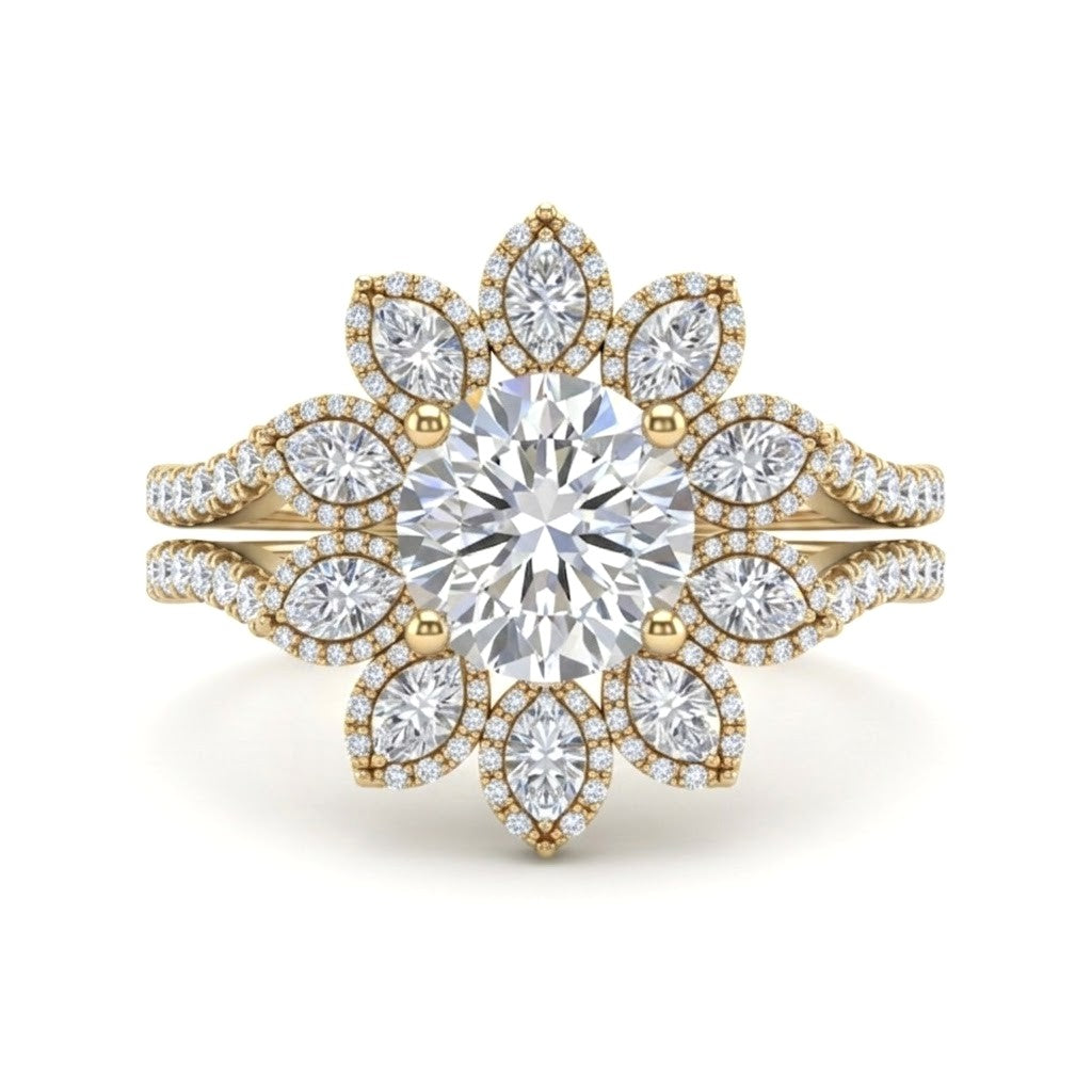Yellow Gold Round Floral Diamond Halo Engagement Ring With Split Pave Shank