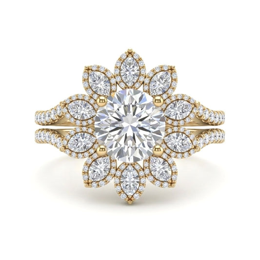 Yellow Gold Round Floral Diamond Halo Engagement Ring With Split Pave Shank