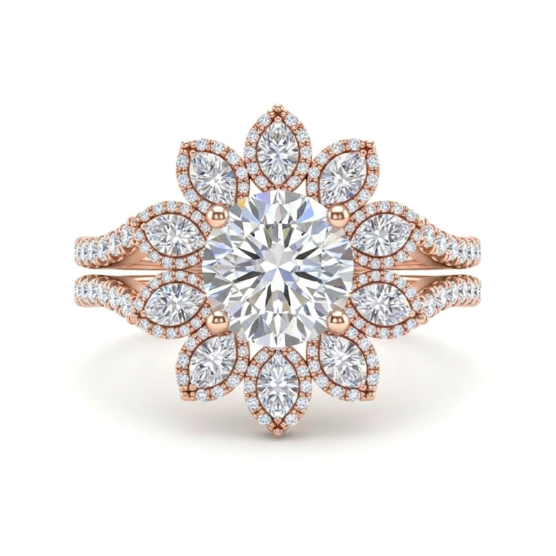 Rose Gold Round Floral Diamond Halo Engagement Ring With Split Pave Shank