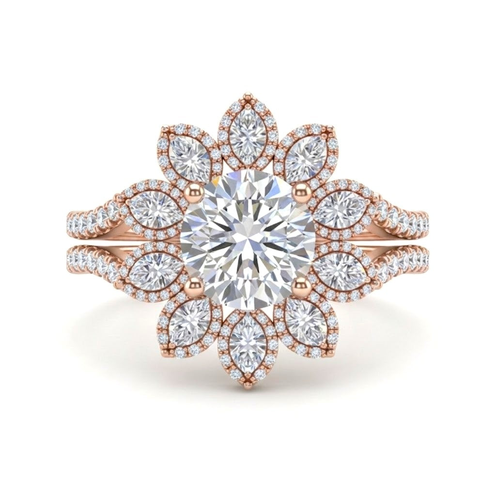 Rose Gold Round Floral Diamond Halo Engagement Ring With Split Pave Shank
