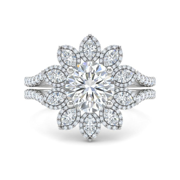 White Gold Round Floral Diamond Halo Engagement Ring With Split Pave Shank