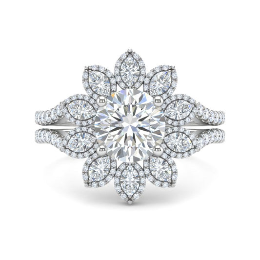 Silver Round Floral Diamond Halo Engagement Ring With Split Pave Shank
