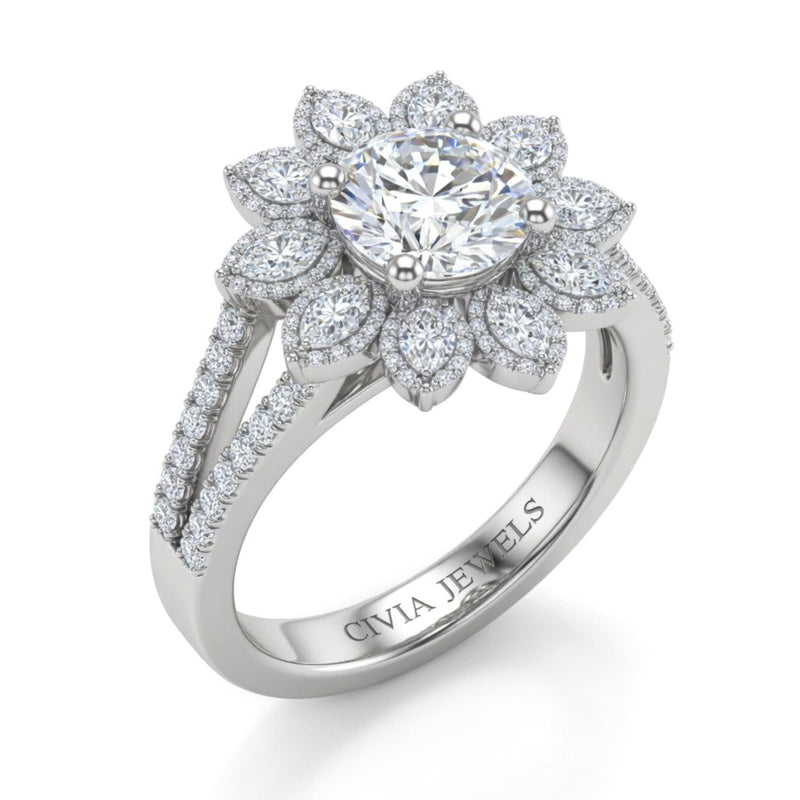 Silver Round Floral Diamond Halo Engagement Ring With Split Pave Shank