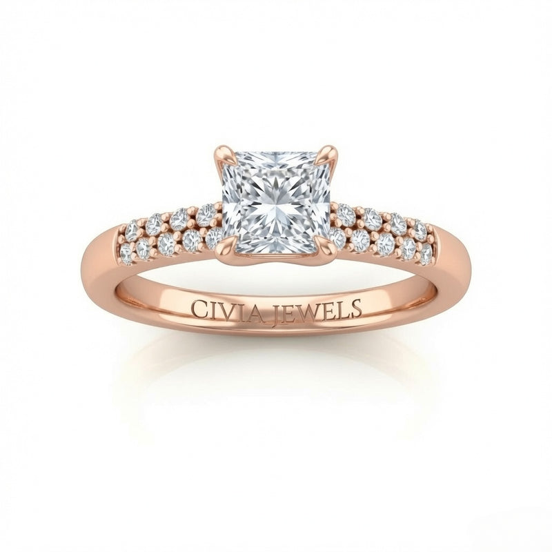 Rose Gold Princess Diamond Engagement Ring With Double Pavé Accent Band